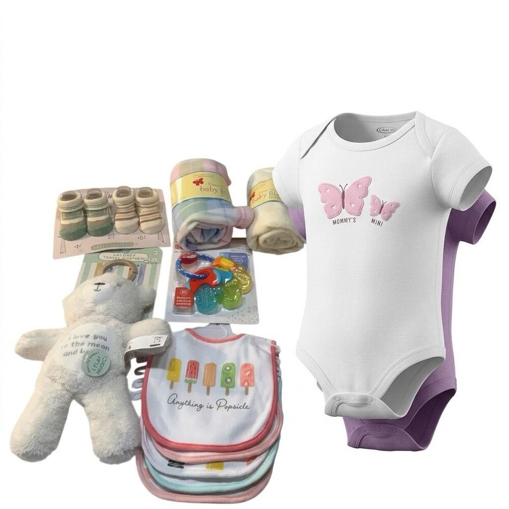 Newborn-3-6 months Bundle Bodysuits/Bibs/Blankets/Toys/ Socks NWT